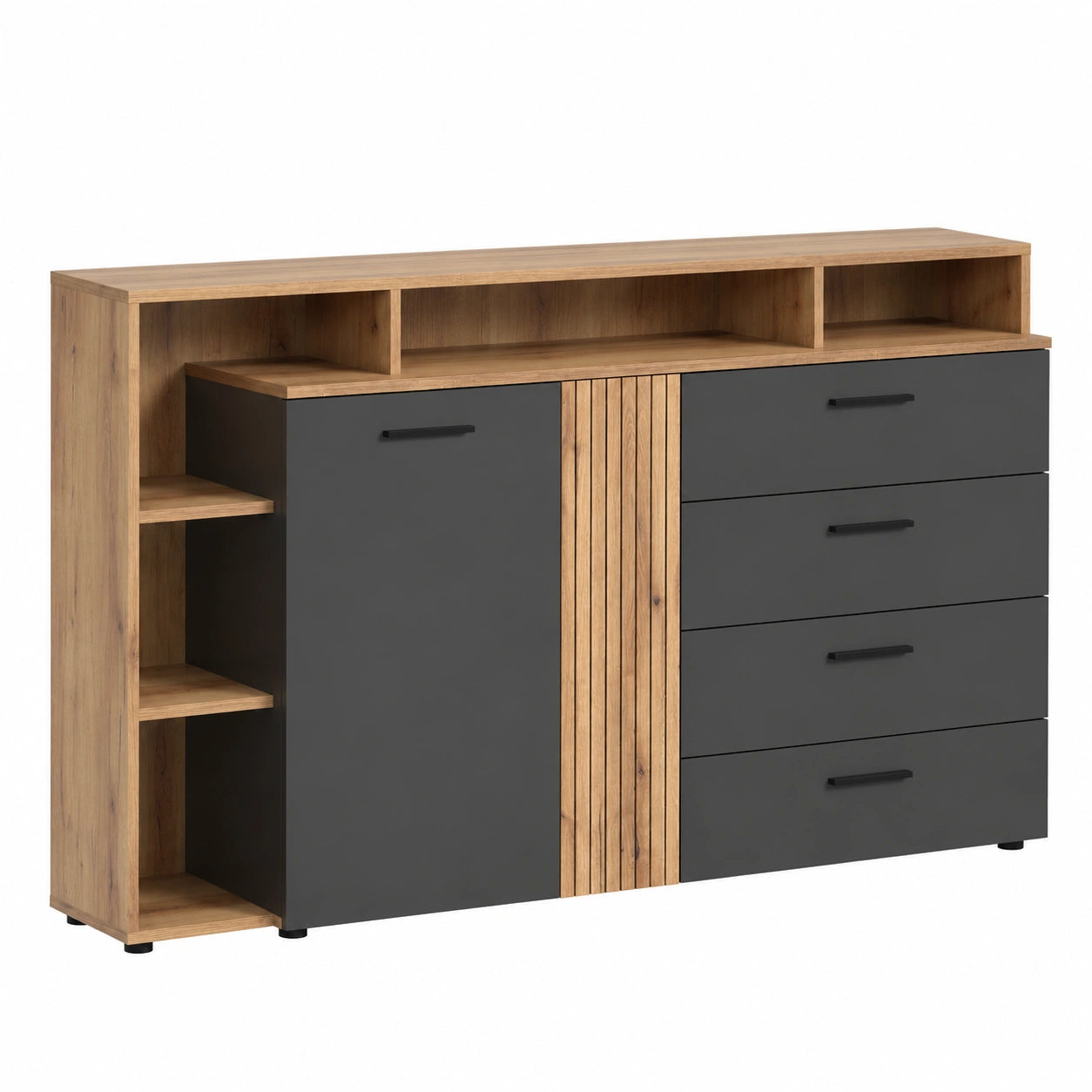 Highboard – 168 × 101 × 38 cm, mit Schubladen, mit mehreren Türen, aus Eichenholz, Grau